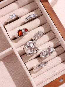 Bộ 7 chiếc nhẫn đá quý Zirconia hình học bạc thanh lịch cổ điển thời trang dành cho nữ, trang sức mùa thu/đông - Nhiều màu - Xem 4