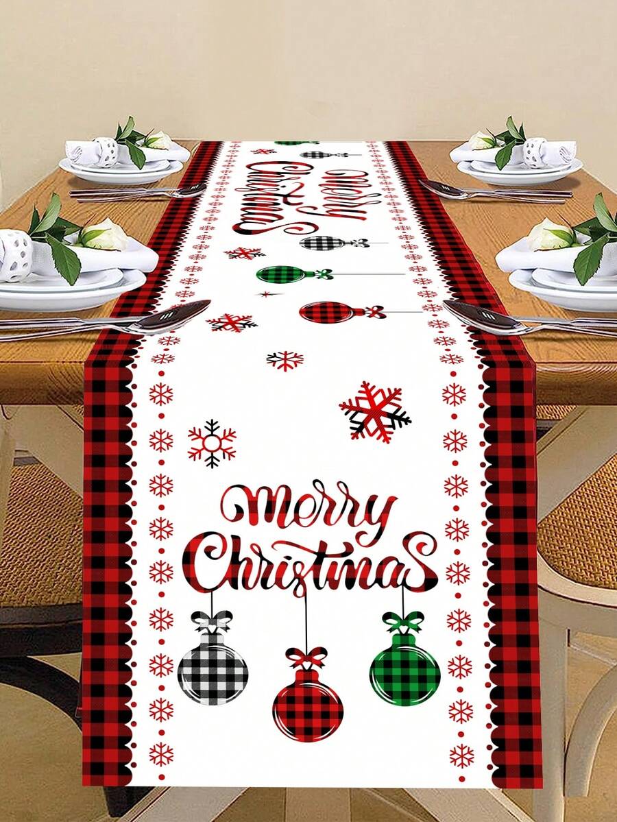 1pc Red And Black Checkered Border With Tree Balls Pattern Polyester Christmas Table Runner, 35*180cm, Christmas Table Cloth Table Runner Decor Perfect For Christmas Decor Home, Christmas Party, Christmas Party Decor, Merry Christmas Decorations 2026, Xmas Decorations Holiday, Christmas Stuff, Party Decoration Supplies, Family Holiday