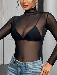 Europe And The United States Ladies Solid Color Sexy Ultra-Thin Mesh Stretch Tight Long-Sleeved Semi-Transparent Bottoming Shirt