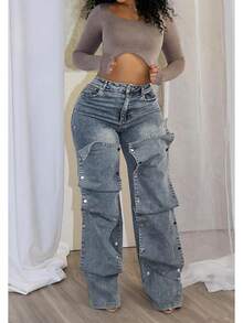 Women Cargo Jeans High Waisted Straight Wide Leg Jeans Pants Button Detachable Denim Cargo Trousers - 01天藍色 - 查看 6