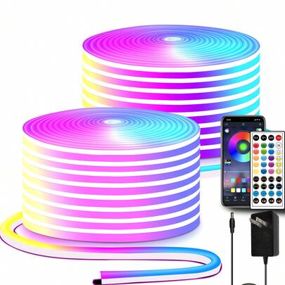 100FT DC24V RGB LED Neon Rope Lights With Remote/APP Control Waterproof Flexible Neon LED Strip Lights LED Neon Rope Lights For Bedroom Room Decor
