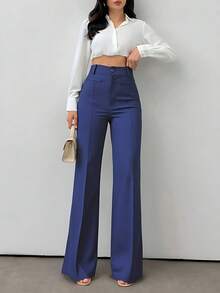 LIU ME Women's Tailored Trousers With Fake Pocket – High Waist And Wide Leg Pants - Navy Blue - View 4