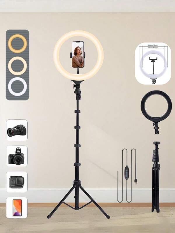 LinkdoSky 10" 3-Color Ring Light With Handle & 160cm Quick-Release Tripod – Dimmable LED For Selfie/Makeup/Live Streaming, Stable Plate Clip Design, Wired Control, Compatible With Smartphones/Cameras, Perfect For Vloggers/Content Creators Suitable For Photography, Video Recording, Live Streaming, Zoom Meeting, Vlogging, With Stand Selfie Light Phone Light