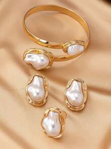 1 Set Barock Perlen Metall Anhänger Y-Kette Set, Vintage einzigartiger Metallstil, hochwertiges Halskette, Armband, Ring - Vintage, elegante flache Perlenkette, geeignet für Hochzeit, Party, Alltag, Urlaubsgeschenk für Frauen