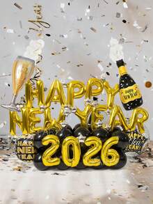 65pcs/Set HAPPY NEW YEAR 2026 Gold New Year Party Decorations, 16" Gold Letter Foil Balloon Banner, Giant Champagne Bottle & Glass Balloons, 18" Black & Gold Star/Round Celebration Balloons, 10" Black Latex Balloons, 5" Silver Star Balloons, For Christmas, New Year's Eve, New Year Celebration Decor, Room Decoration, Singles Party - 彩色 - 查看 9