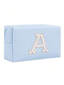 女士八角形化妆包，PU字母化妆包，便携式雪尼尔字母拉链化妆包，字母贴片PU皮革防水旅行洗漱包，字母组合化妆袋（字母A~Z），适合秋季家居装饰 - 藍色+珍珠字母 A-Z - 查看 17