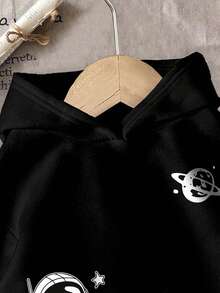 Sudadera con capucha de manga larga y patrón de dibujos animados cálida para niño pequeño - Negro - Ver 3