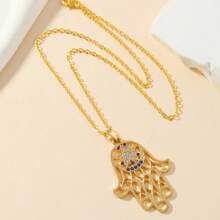 中东风格独特棕榈形蓝色吊坠项链，轻巧奢华锁骨链首饰 - 金色 - 查看 3