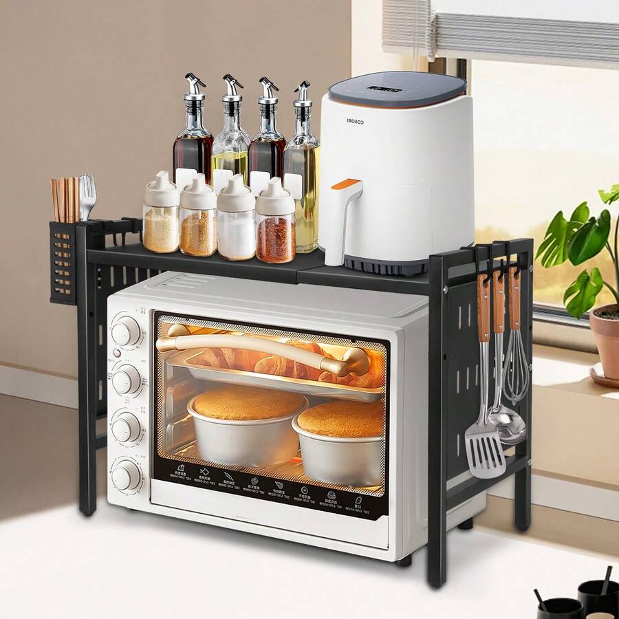 Extendable Microwave Shelf With Hooks, Microwave Stand, Kitchen Storage Rack -42-68*36*46 Cm - Black - View 1