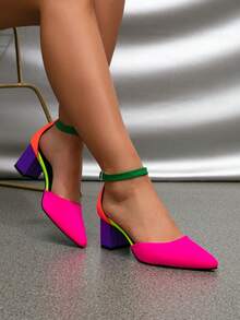 女士霓虹撞色尖头踝带粗跟高跟鞋，撞色设计，活力四射，适合派对、夜店、时尚活动等场合，大胆时尚，是春、夏、秋季的理想之选。如果您的脚型偏瘦，请选择比标准尺码小一码的尺码。 - 彩色 - 查看 5