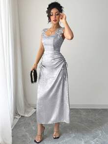 女士优雅晚礼服长裙，饰有蕾丝细节，收腰设计，A字廓形，不对称裙摆和拉链，适合度假、旅行、夏季穿着以及情人节。 - 淡紫色 - 查看 5