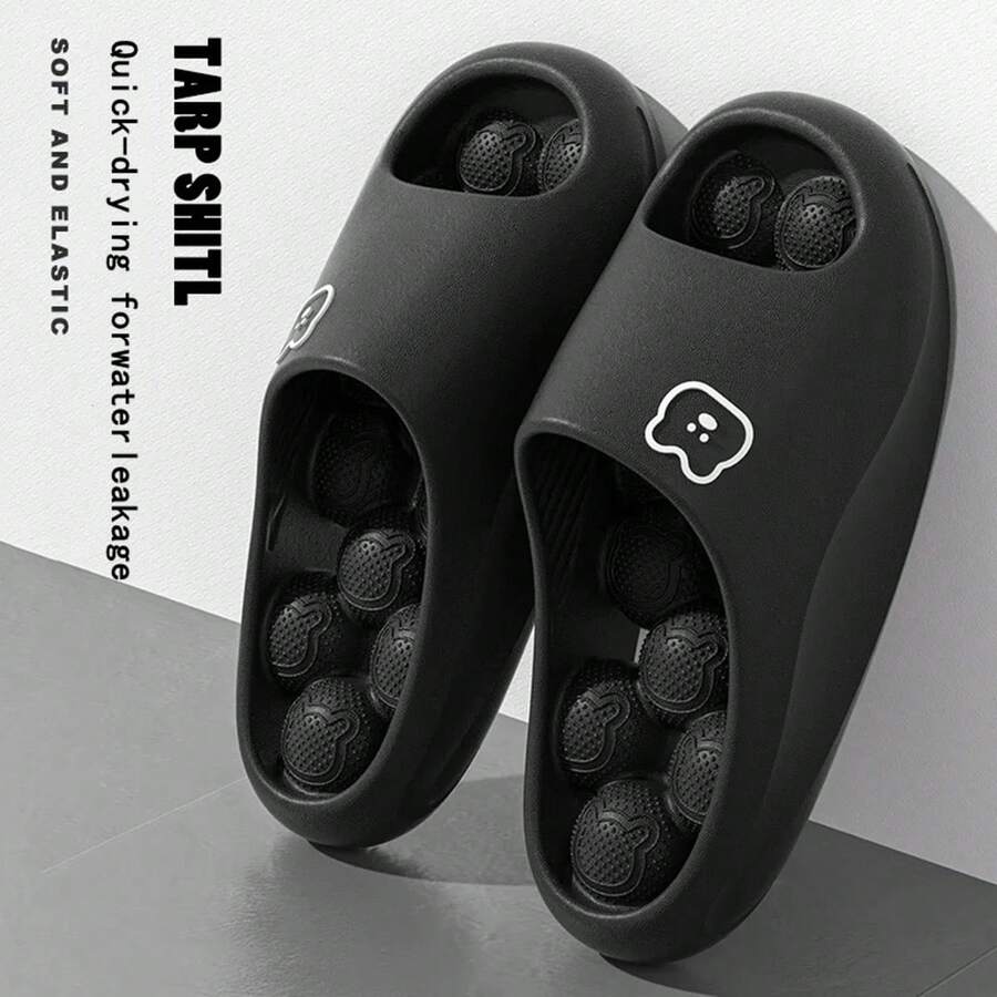 女士黑色按摩拖鞋，排水拖鞋，浴室淋浴拖鞋，情侣拖鞋，脚感舒适，纹理表面，柔软鞋底，EVA材质 - 黑色 - 查看 1