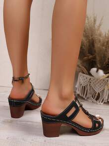1 Đôi sandal cao gót thời trang retro dành cho nữ, họa tiết hình học, phong cách bohemian, da PU, đính đinh tán, thích hợp cho đám cưới, tiệc tùng, kỳ nghỉ, mùa hè, đế xuồng cho nữ - màu đen - Xem 6