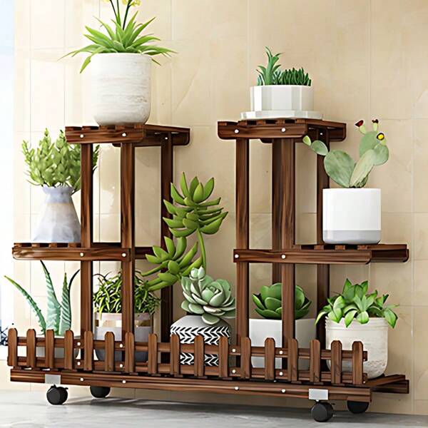 3-Tier Wheeled Plant Stand With Guard Rails, Suitable For Indoor/Outdoor, Wooden Planter Rack, Practical Potted Plant Display Rack, Home Gardening Decor, 92*20*55CM