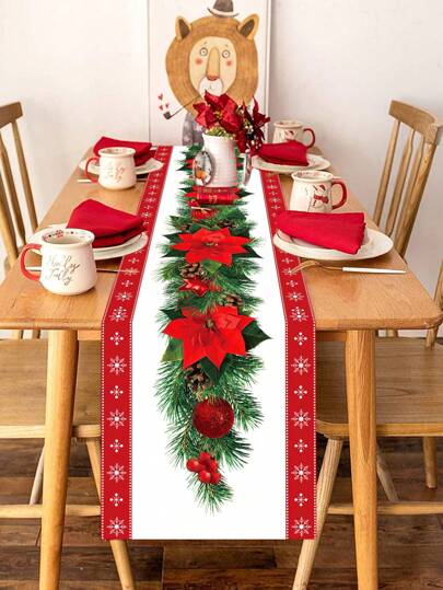 1 件大尺寸圣诞快乐桌旗，圣诞红花藤图案涤纶桌旗，230 * 35 厘米红色边框桌布桌布适用于圣诞节家居装饰用品，冬季节日圣诞派对农舍房间厨房餐厅家居装饰