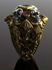 Men's Punk Skull Ring, Copper Alloy Men's Punk Style Skull Ring With Synthetic Red Cubic Zirconia, Commemorative Hip Hop Rock Fashion