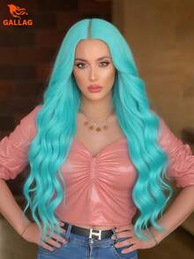 Peluca azul claro de 24 pulgadas con encaje frontal de 13x4, peluca de cabello largo, rizado y ondulado, hecha de fibras sintéticas de alta calidad resistentes al calor. Hermosa, de moda y sexy peluca de uso diario para mujer, ideal para fiestas, cosplay y uso diario. - Celeste - Ver 2