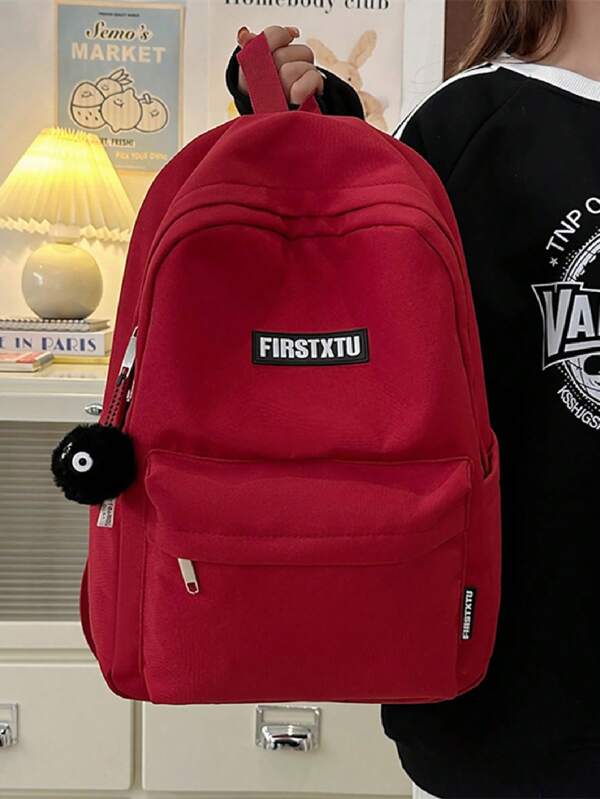 Mochila Universitária Unissex de Estilo Universitário em Cor Dopamina Vermelha e Azul, Grande Capacidade, Durável, Fechamento com Zíper Minimalista e Casual para Mulheres, para Deslocamento, Viagem, Uso Diário, com Acessórios