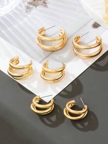 Bộ 3 đôi khuyên tai kim loại hình chữ C tối giản, nhỏ/trung bình/lớn, quà tặng phong cách cho cô ấy - Vàng - Xem 5