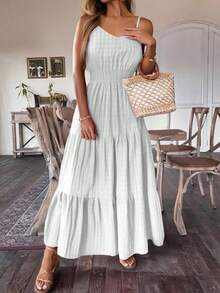 Vestido Liso Para Mujer Con Tirantes,Vestido Con Cintura Fruncida Y Elástico, Vestido Largo Con Ribete Fruncido - Blanco - Ver 3