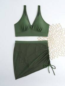 2025 New Bikini Set With Mesh Skirt, Cross-Border To Europe And America, Drawstring Waist Slimming Sexy Fitted Tummy Control Swimsuit, Beach Holiday Swimwear Vacation Summer - Army Green - View 5