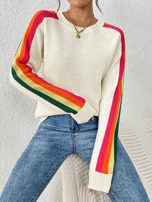 Áo len nữ dài tay cổ tròn kẻ sọc cầu vồng nhiều màu sắc, kiểu dáng thường ngày, màu trắng thu đông. - trắng - Xem 3