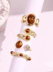 Set de 4 anillos con piedras preciosas simuladas de ojo de tigre de diseño de nicho, minimalista y versátil, un elegante regalo de joyería para mujeres