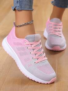 女士透气网眼系带运动鞋，柔软弹性鞋底，户外跑步鞋 - 粉色 - 查看 3