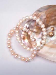 1pc Cultured Freshwater Pearl Beaded Elastic Bracelet, Candy Color Simple & Elegant, Suitable For Women's Daily Wear, Jewelry Gift