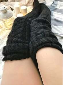 1双针织保暖纯色过膝袜，女士加厚秋冬袜，舒适保暖 - 灰色 - 查看 5