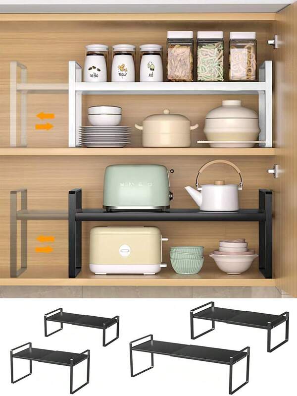 1 pieza Organizador de cocina ajustable y expandible - Estantería grande para gabinete y almacenamiento en el mostrador, de acero al carbono blanco/negro, para cocina, fregadero, despensa, oficina