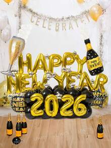 65pcs/Set HAPPY NEW YEAR 2026 Gold New Year Party Decorations, 16" Gold Letter Foil Balloon Banner, Giant Champagne Bottle & Glass Balloons, 18" Black & Gold Star/Round Celebration Balloons, 10" Black Latex Balloons, 5" Silver Star Balloons, For Christmas, New Year's Eve, New Year Celebration Decor, Room Decoration, Singles Party - 彩色 - 查看 11