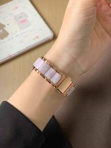 1pc Women's Business Elegant Metal Resin Watch Band Compatible With Galaxy Watch 7/6/5/4 40mm 44mm 47mm 46mm 41mm, Galaxy Watch 5 Pro 45mm, Galaxy Active 2, Galaxy Watch 3, 18/20/22mm, Compatible With Huawei Watch 5/4/3/2/1 And GT5/4/3/2/1, Compatible With Garmin Watches, Compatible With Mi Watch, Compatible With Redmi Watch 5 Lite/Active - Rose Gold and Pink Flowers - View 2