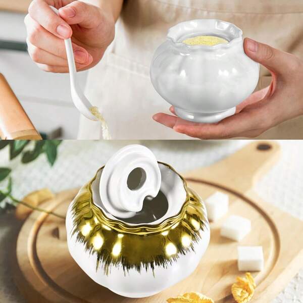 Ursword 1 Juego de azucarero con tapa, 9 Oz (260 ml) azucarero de cerámica, recipiente de azúcar para barra de café, dispensador de azúcar, de color blanco con brillo perlado o blanco con borde dorado, hermoso para la decoración y accesorios de la cocina