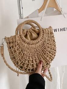 1pc Semi-Circle Woven Drawstring Crossbody Bag For Women, Fashion Holiday Tote Bag Suitable For Travel And Daily Shopping, Eye-Catching Beach Bag Summer, Summer Straw Beach Bag For Women - Khaki - View 6