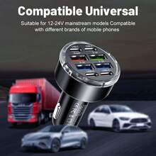 1个150W 8口车载充电器，支持PD/QC3.0快充，USB-C接口，兼容 16/15/14/13/12，兼容苹果设备，兼容iPad、安卓手机、笔记本电脑等。支持快速充电，并可同时为多设备充电。设计紧凑，方便快捷，随时随地高效充电。这款车载快充充电器是送给家人、朋友、孩子、生日、圣诞节、冬季的理想礼物，也是汽车配件的完美之选。 - 黑色 - 查看 10