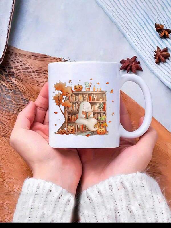 1pc 11oz Fall Halloween Coffee Mug - Cute Ghost Reading Book Mug - Maple Leaves Spooky Pumpkin Gifts For Men Women On Halloween Birthday Christmas - Ceramic Coffee Tea Cup,Reusable,Thanksgiving,Water Cup,Birthday Gift,Holiday Gift,Valentines Day Gifts,Autumn Coffee Cup,Christmas Vacation Gift,Party,Wedding