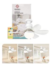 Ventilador de 3 Velocidades Ajustable a 3 Tonos De Luz Con Lámpara LED Socket Universal Alto Flujo de Aire Diseño Ergonómico para Combatir el Calor Refrescante Luces Brillantes Cálida, Neutral y Fría con 6 Aspas Duraderas Material Resistente Control Elegante Incluido - Blanco - Ver 10