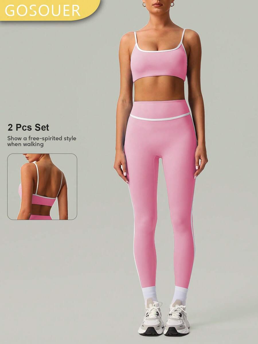 2 PCS CO Ord Set Spring And Summer Women Fashion White Line Yoga Sports Bra And Legging - Hồng - Xem 1