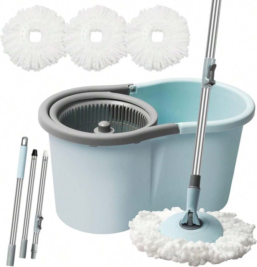 Spin Mop And Bucket With Wringer Set, 360° Spinning Mop Bucket System With 3 Microfiber Mop Replacement Heads, Adjustable Handle For Floor Cleaning (Light Blue) - Baby Blue - View 1