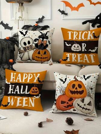 4 件/1 件万圣节主题派对装饰枕套 - 饰有幽灵、黑猫、南瓜和蝙蝠图案，18x18 英寸 | 带拉链封口 | 耐用涤纶材质 | 沙发、卧室和客厅装饰，用于万圣节装饰、派对用品和家居装饰。无填充材料