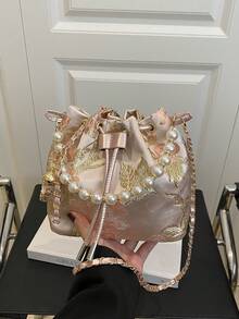 1 件带链条、刺绣和珍珠装饰的抽绳封口面料印花水桶包，可爱花卉单肩手提包，斜挎口红袋，时尚礼品袋，适合女士派对、晚装、日常使用 - 粉色 - 查看 7