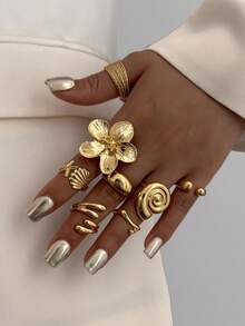 8 件套复古光滑素色戒指，波西米亚海星戒指，时尚花朵和水滴设计戒指，适合女性日常佩戴和派对装饰，节日礼物 - 金黃色 - 查看 7