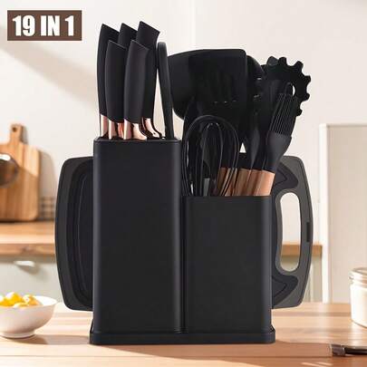 19-Pieces Silicone Cookware Set, Cooking Utensil Set, Kitchen Utensil Set - 446°F High Temperature Resistant, Contains 2-Piece Spatulas, 4-Piece Spoons, 8-Piece Heat-Resistant Silicone Kitchenware Accessories, 5-Piece Knife Set, 1-Piece Cutting Board, Made Of Heat-Resistant Silicone And Wooden Handles, High Temperature Resistant, Perfect For Kitchen, Restaurant, Camping, Party BBQ, Chef, Baker, Pastry Chef Or Cooking Lover.