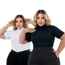 Kit Of 2 Plus Size Cacharrel Women's Blouses With Ribbed Turtleneck, GG To G3 - 黑與白 - 查看 1