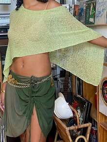 Summer Irregular Knit Cover-Up Crop Top For Women Y2k Aesthetic See-Through T-Shirt Beach Vacation Going Out Tops Womens Crochet Shrug Y2K Hollow Out Bolero Shrug See Through Cropped Top - 綠色 - 查看 2
