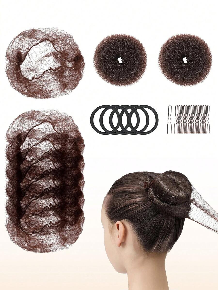 37件套少女发髻造型套装 - 2个迷你发髻定型器、10个迷你隐形发网、20个发髻夹、5个发圈 - 棕色 - 查看 1