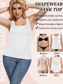Slimming Women Tummy Control Shapewear Abdomen Compression Camisole Cami Vest Tank Top Body Shaper Ladies Underwear Undershirts Shaping Tops Shirts Wide Shoulder Strap No Pad - White - View 3