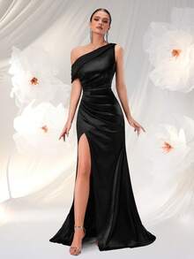 ADYCE 1 件纯色褶饰高腰开衩下摆鸡尾酒会晚礼服、婚礼宾客礼服、正式礼服、长袍 - 黑色 - 查看 7