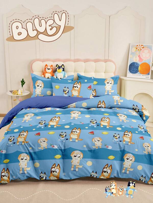 Bluey 2/3 pièces Set de housse de couette Bluey, parure de lit motif fête Bluey, linge de lit douillet et respirant, peau-friendly et confortable, parure de couette style dessin animé, doux et anti-boulochage, textile d'intérieur mignon, 1 housse de couette et 1/2 taies d'oreiller, sans couette, convient pour les lits jumeaux, pleins, king et queen, adapté à toutes les saisons, parure de couette décorative chic et adorable pour chambre à coucher ou dortoir, lavage machine, cadeau parfait pour les fêtes